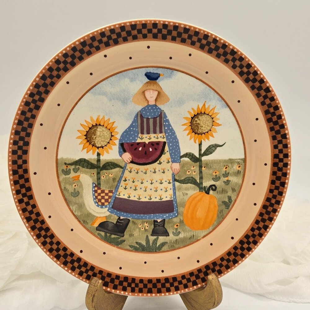 Williraye Studio 1999 Folk Art Plate 8” – Country Farm Woman Sunflower Plate